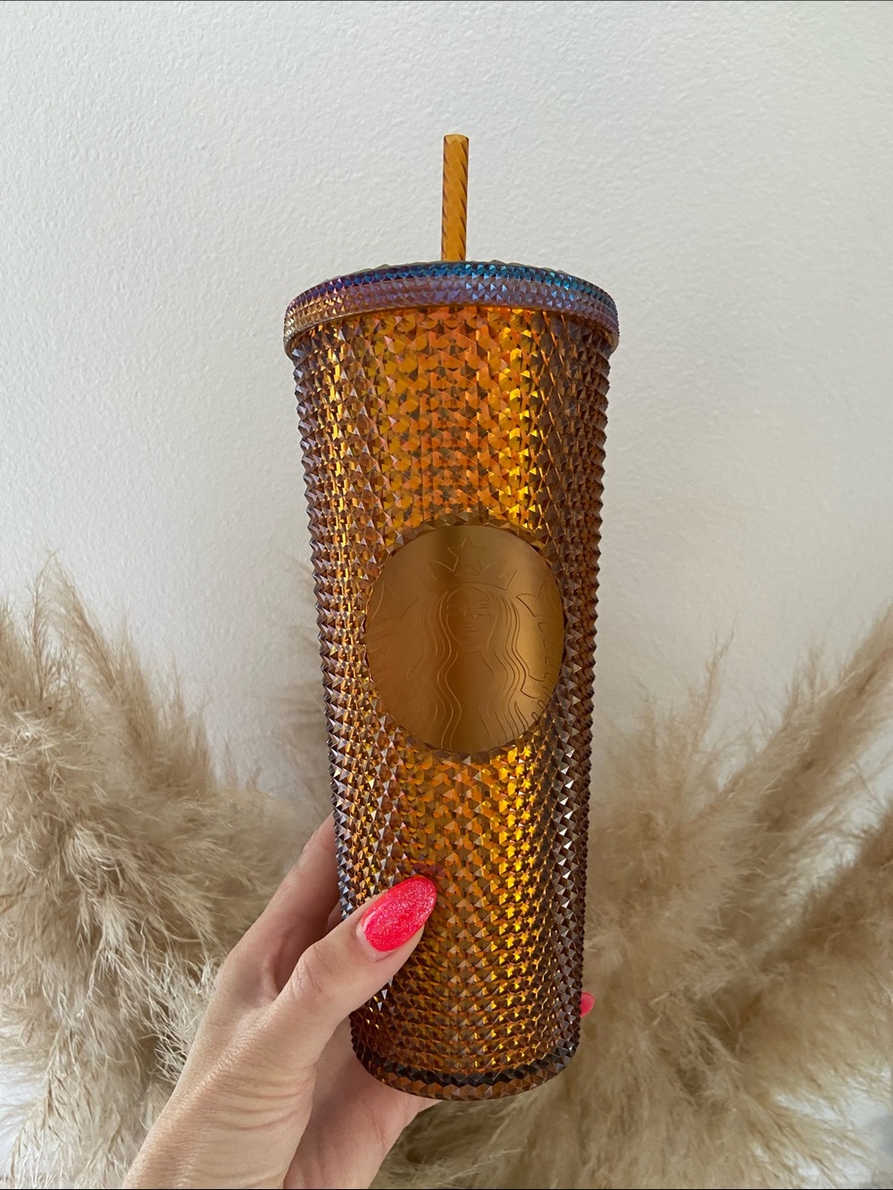 Starbucks studded tumbler w/ straw golden amber water cup 50th anniversary 24 oz